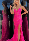 Mermaid V - neck Spaghetti Straps Sequined Lace Orange Long Prom Dress With Slit - Fuchsia - US0 - PromDressClub