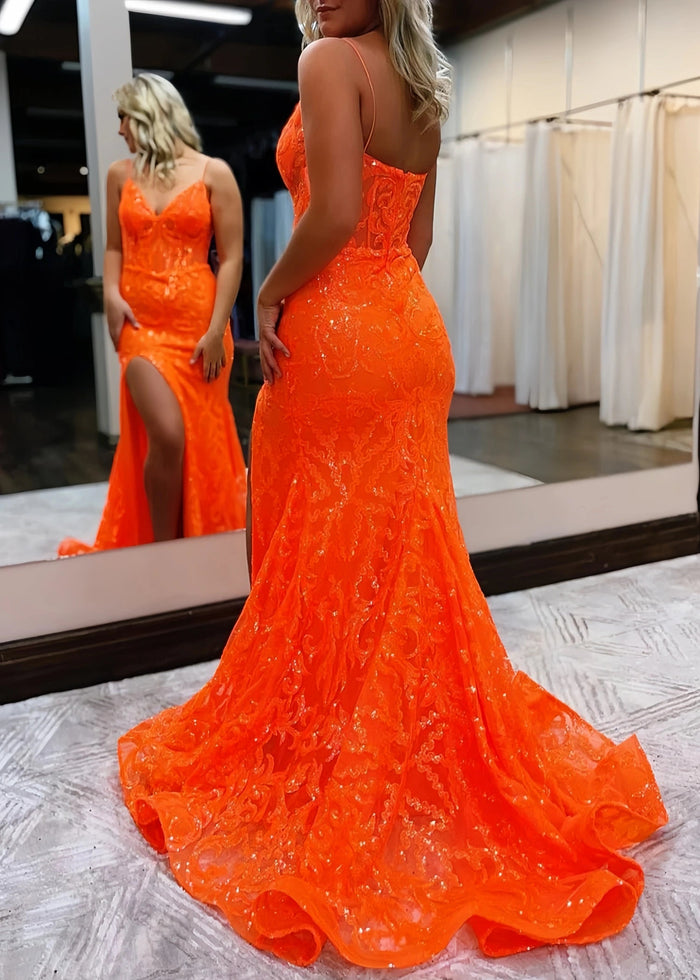 Ella | Orange Mermaid V Neck Prom Dress Formal Dress with Sequins - Orange - PromDressClub