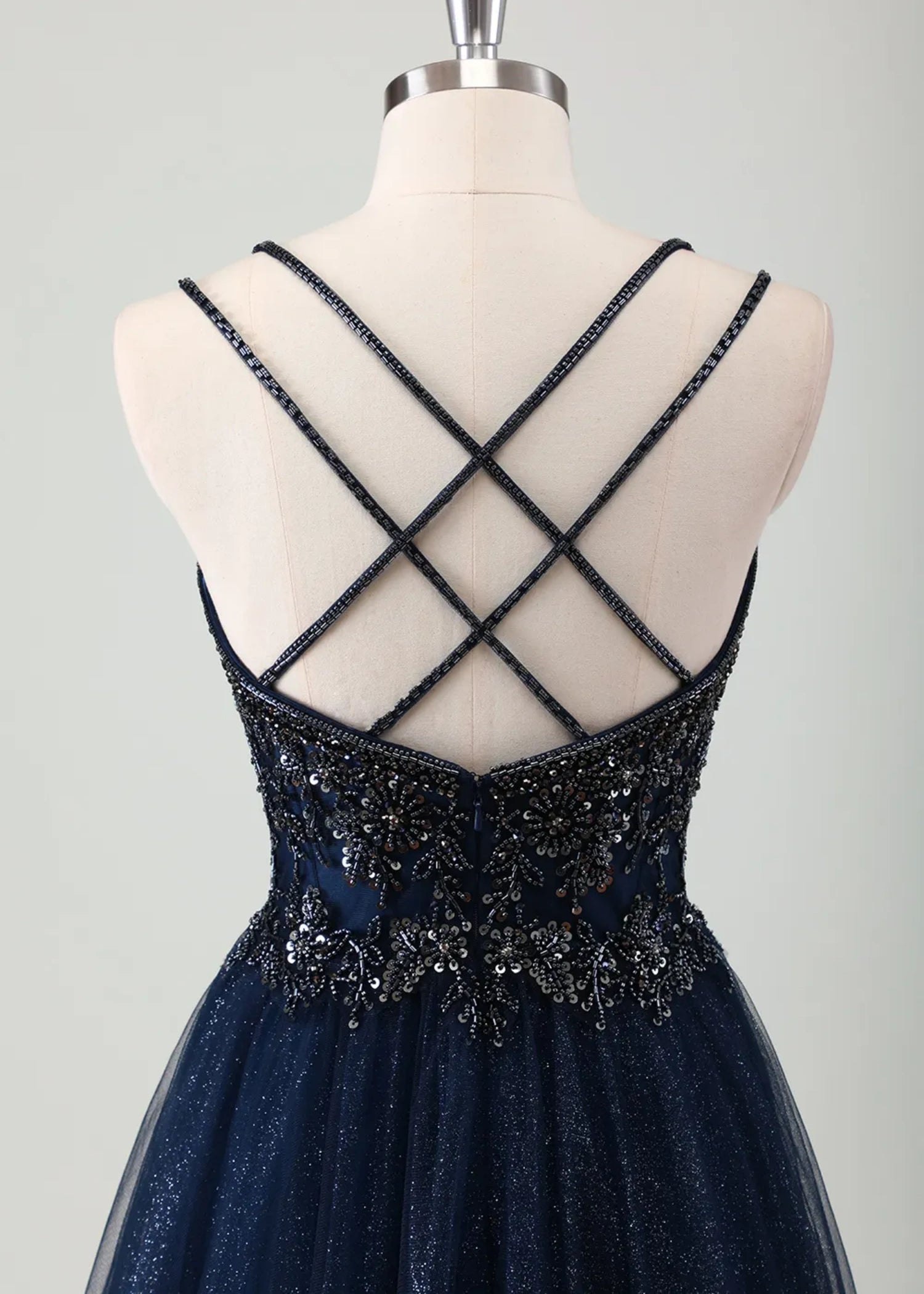 Meroy | A - Line Spaghetti Straps Tulle Long Corset Glitter Navy Prom Dress With Beaded - Navy Blue - US0 - PromDressClub