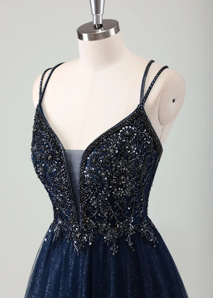 Meroy | A - Line Spaghetti Straps Tulle Long Corset Glitter Navy Prom Dress With Beaded - Navy Blue - PromDressClub