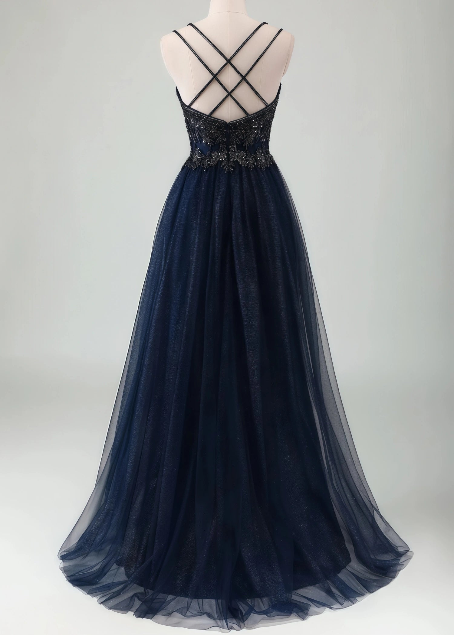 Meroy | A - Line Spaghetti Straps Tulle Long Corset Glitter Navy Prom Dress With Beaded - Navy Blue - US0 - PromDressClub