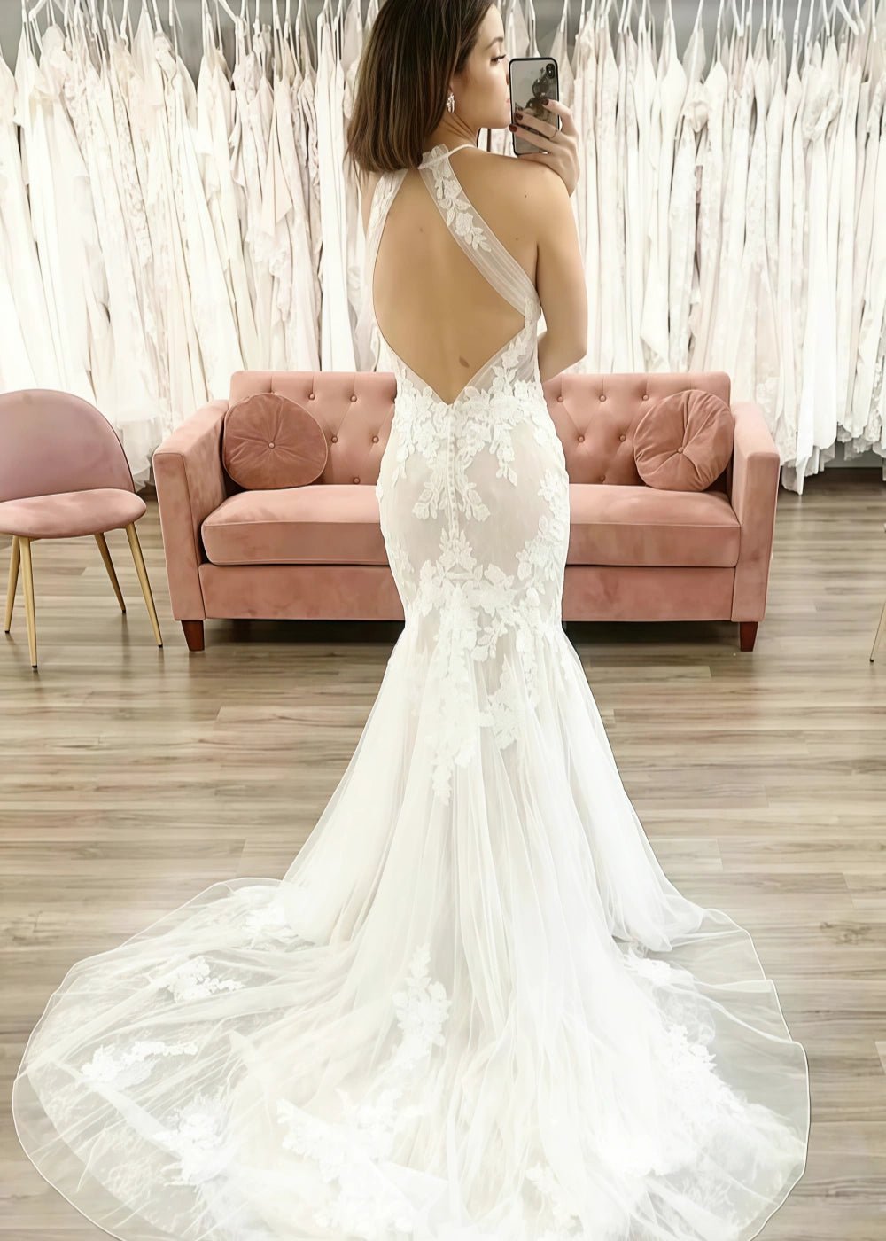 Meroy | Stunning Halter Neck Mermaid Lace Appliques Wedding Dress with Train - Ivory - PromDressClub