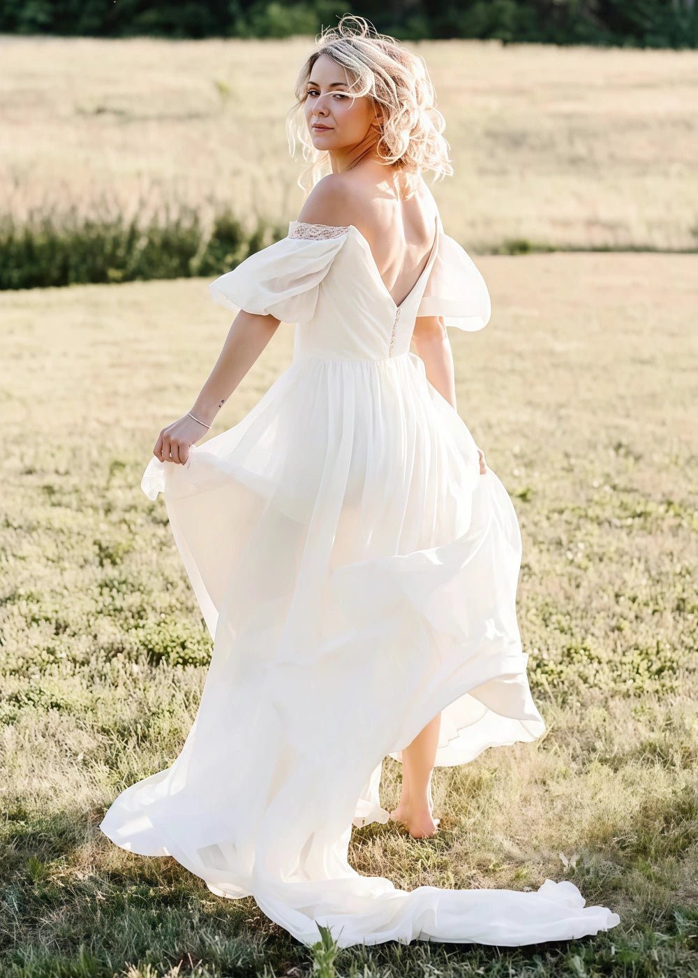 Michelle | Off the Shoulder Puff Sleeve Chiffon Bridal Gown for Outdoor Weddings - Ivory - PromDressClub