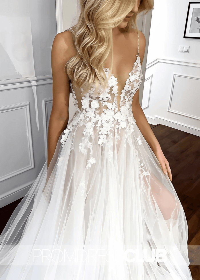 Mignon |Long White Wedding Dresses Near Me With Spaghetti Straps V - Neck Lace Appliques A - line Tulle Rustic - Price #price_variant_lowest# - White - PromDressClub
