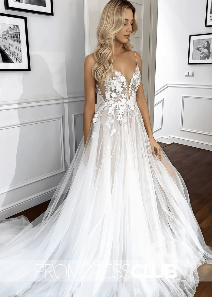 Mignon |Long White Wedding Dresses Near Me With Spaghetti Straps V - Neck Lace Appliques A - line Tulle Rustic - Price #price_variant_lowest# - White - PromDressClub