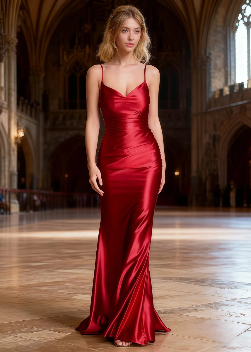 Mila Red Satin Backless Prom Dress | Mermaid Spaghetti Straps V - Neck Ruched Dress - US0 - PromDressClub