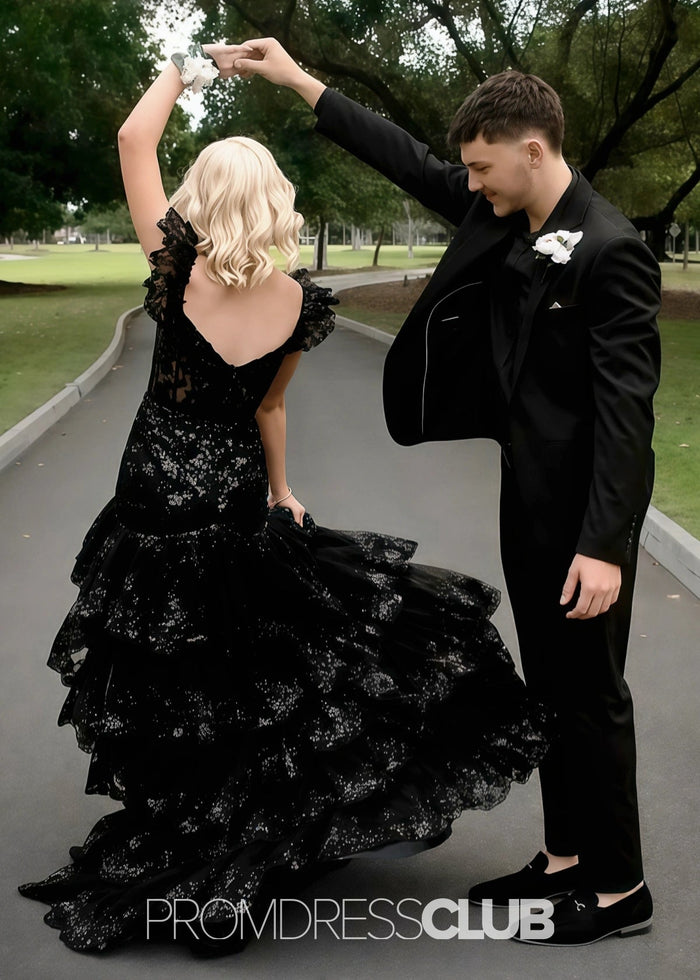 Mildred | A Line Tiered Sequin Red Long Prom Dress Stores Near Me - Price #price_variant_lowest# - Black - PromDressClub