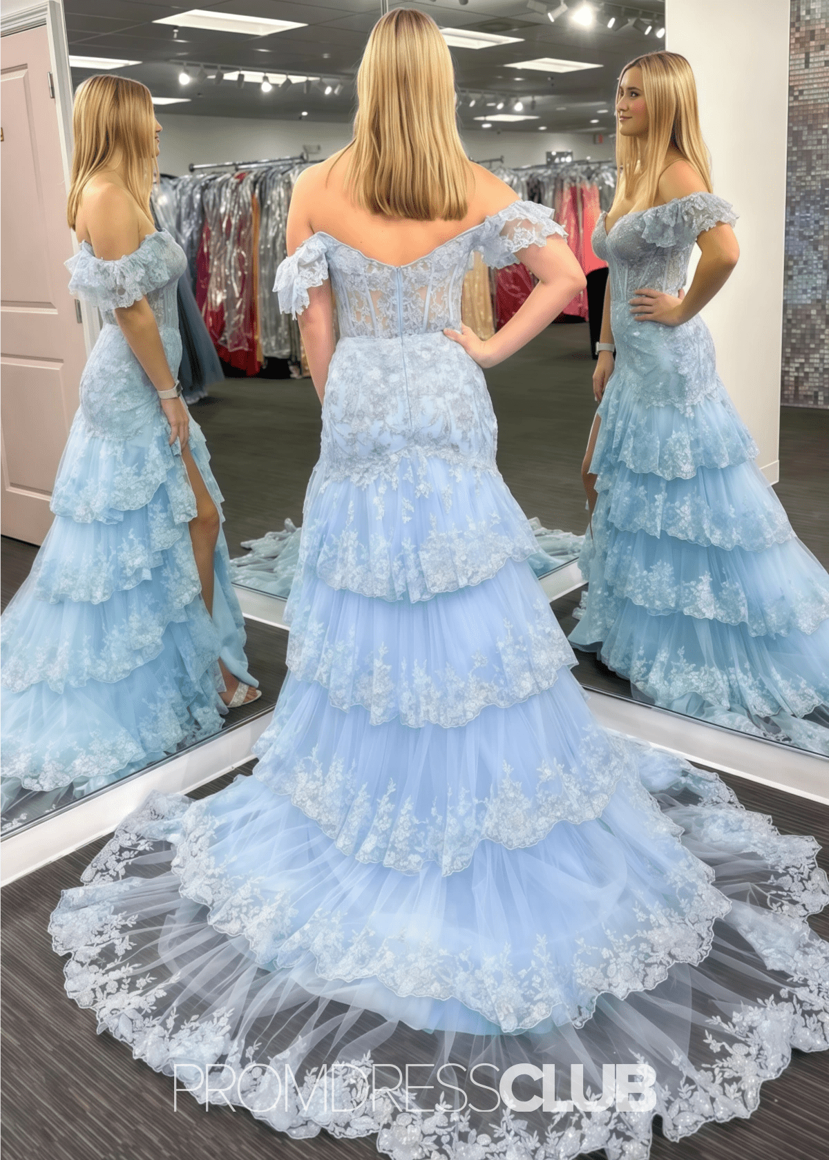 Mildred | A Line Tiered Sequin Red Long Prom Dress Stores Near Me - Price #price_variant_lowest# - Light Blue - PromDressClub