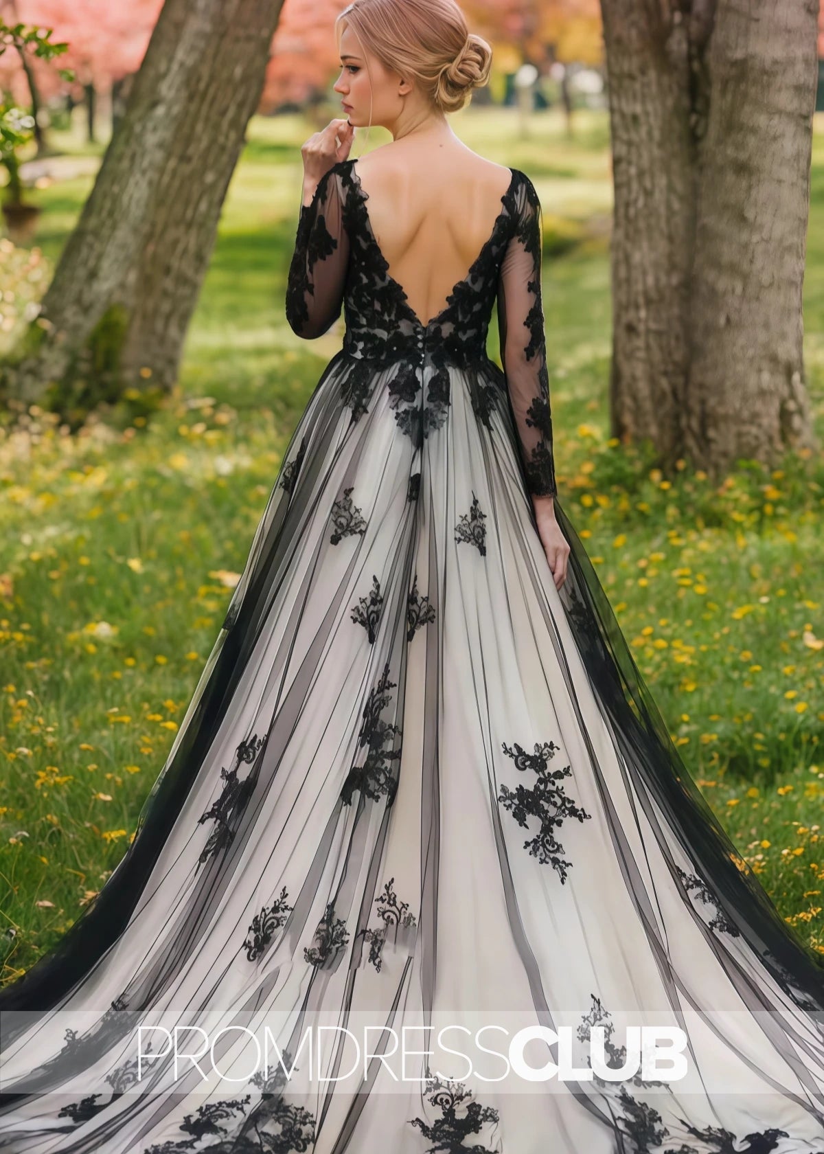 Miranda |Black And White Long Wedding Dresses Near Me With Non - Traditional Gothic Boho Lace Flowy Forest Sleeved Backless Bridal Gown Court Train - Price #price_variant_lowest# - White - PromDressClub