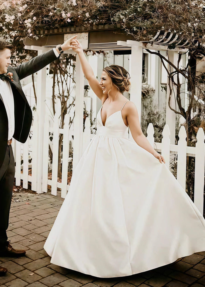 Miranda | Deep V Neck Spaghetti Strap Satin Drop Waist A Line Wedding Dress - Ivory - PromDressClub