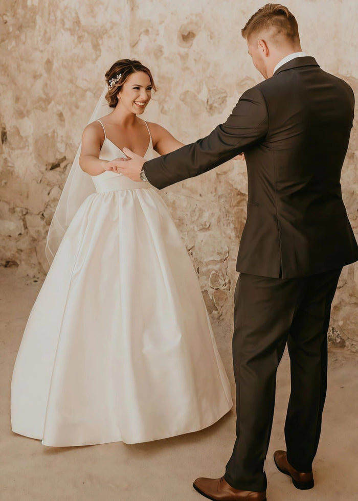 Miranda | Deep V Neck Spaghetti Strap Satin Drop Waist A Line Wedding Dress - Ivory - PromDressClub