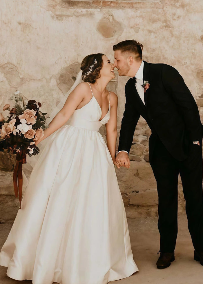 Miranda | Deep V Neck Spaghetti Strap Satin Drop Waist A Line Wedding Dress - Ivory - PromDressClub