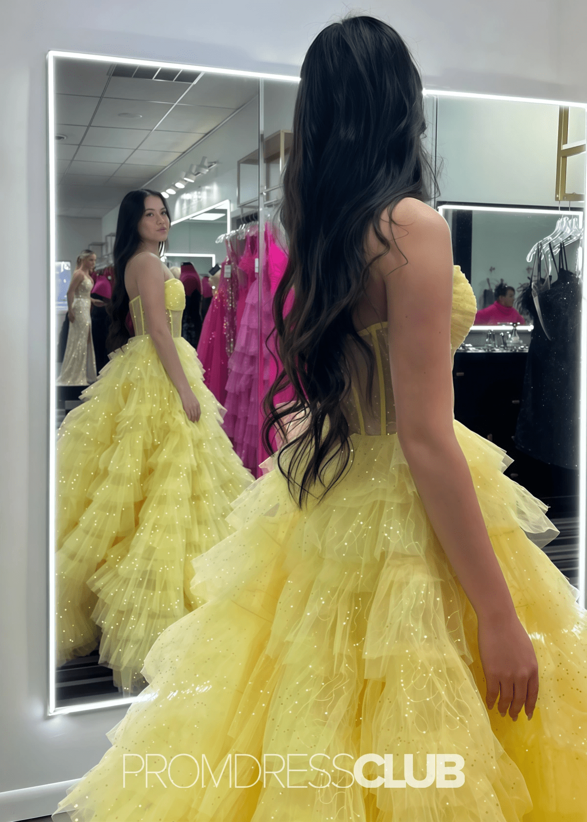 Miriam | Sparkle A Line Tiered Tulle Hot Pink Formal Dress Stores Near Me - Yellow - PROMDRESS Club