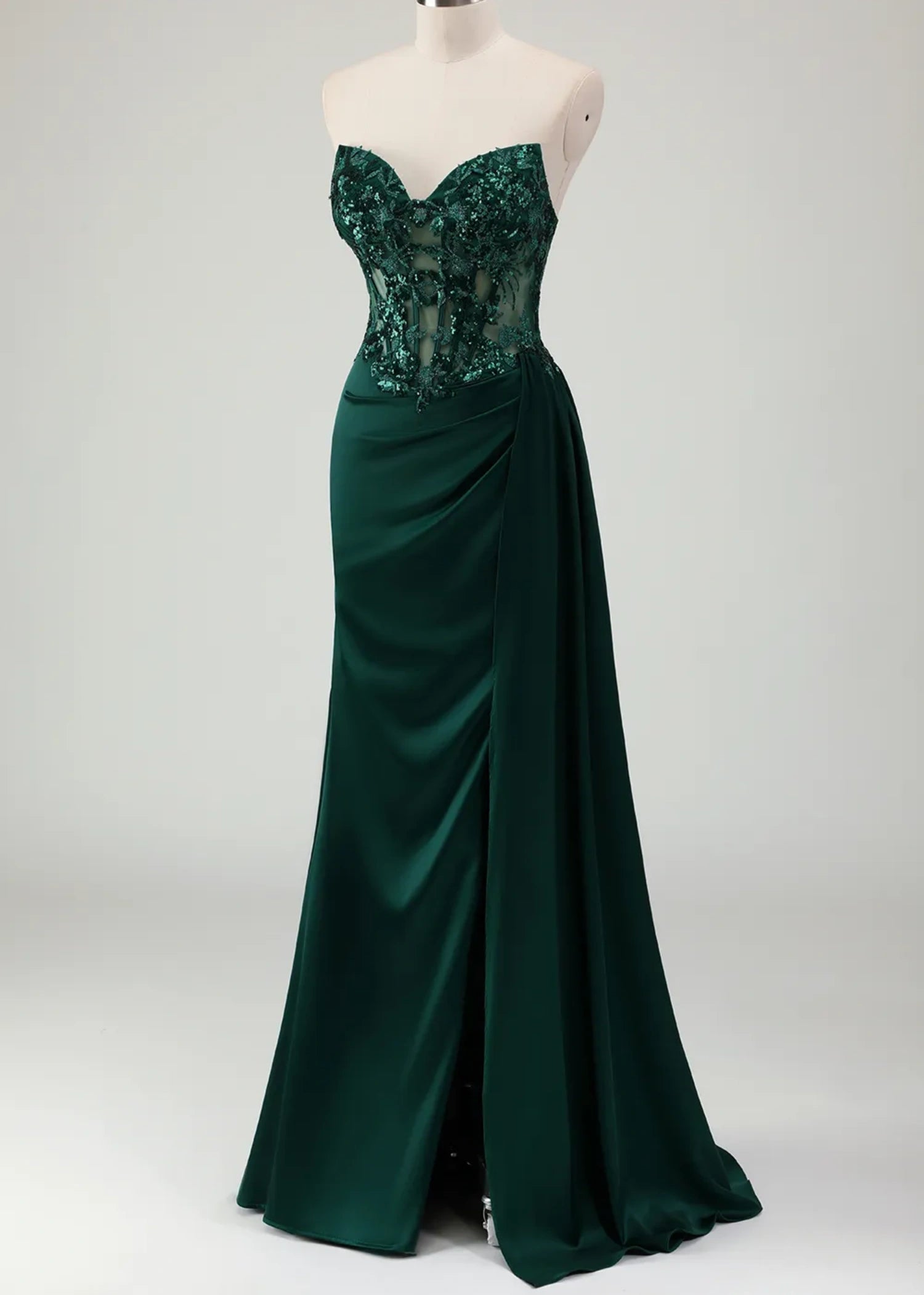 Molly | Mermaid Sweetheart Satin Corset Long Glitter Dark Green Prom Dress with Appliques - Dark Green - US0 - PromDressClub