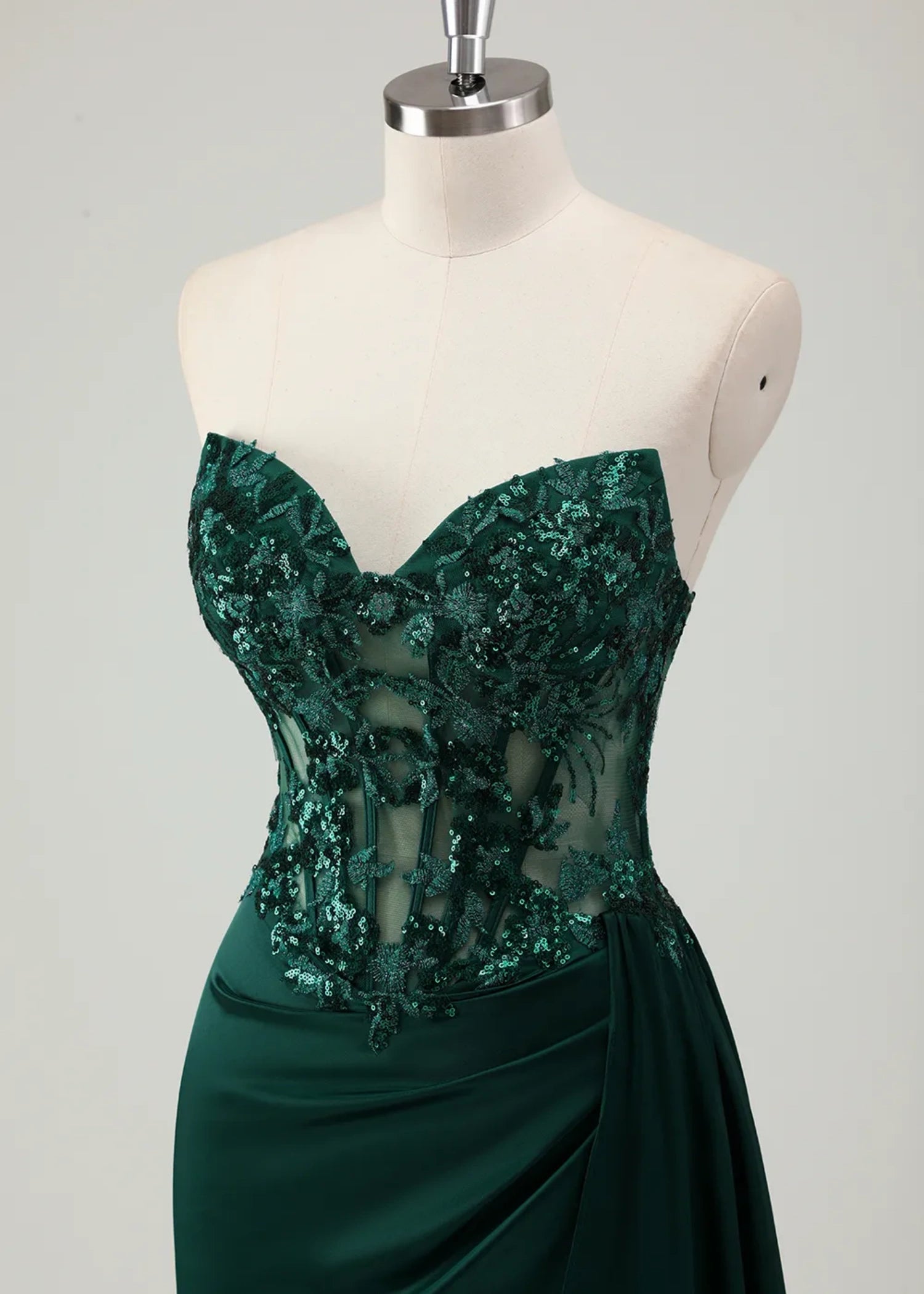 Molly | Mermaid Sweetheart Satin Corset Long Glitter Dark Green Prom Dress with Appliques - Dark Green - US0 - PromDressClub