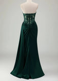 Molly | Mermaid Sweetheart Satin Corset Long Glitter Dark Green Prom Dress with Appliques - Dark Green - US0 - PromDressClub