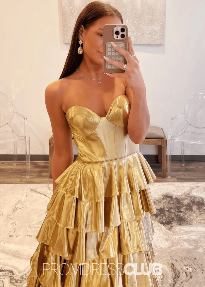 Mona | A Line Metallic Ruffle Tiered Ink Blue Long Prom Dress - Price #price_variant_lowest# - Gold - PromDressClub