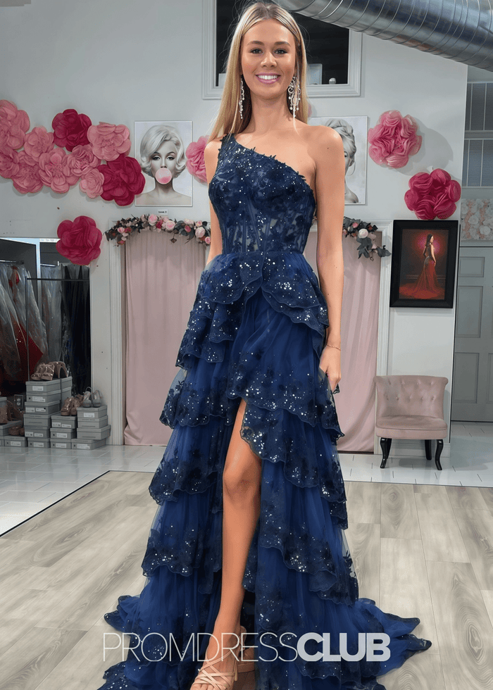 Monica | A Line Tiered Ruffle Black Tulle Sequin Long Prom Dress - Price #price_variant_lowest# - Navy Blue - PromDressClub