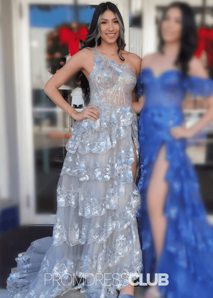 Monica | A Line Tiered Ruffle Black Tulle Sequin Long Prom Dress - Price #price_variant_lowest# - Silver - PromDressClub