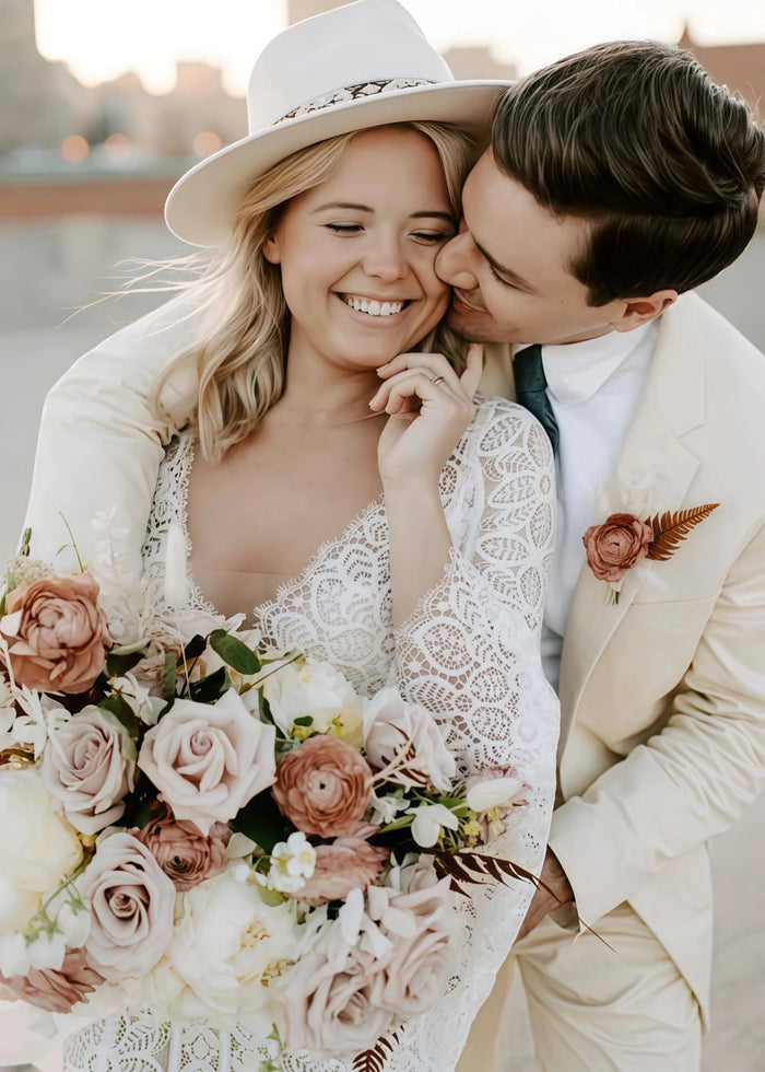 Muriel | Bohemian Long Sleeve Lace Wedding Dress - Perfect for Outdoor Weddings - White - PromDressClub