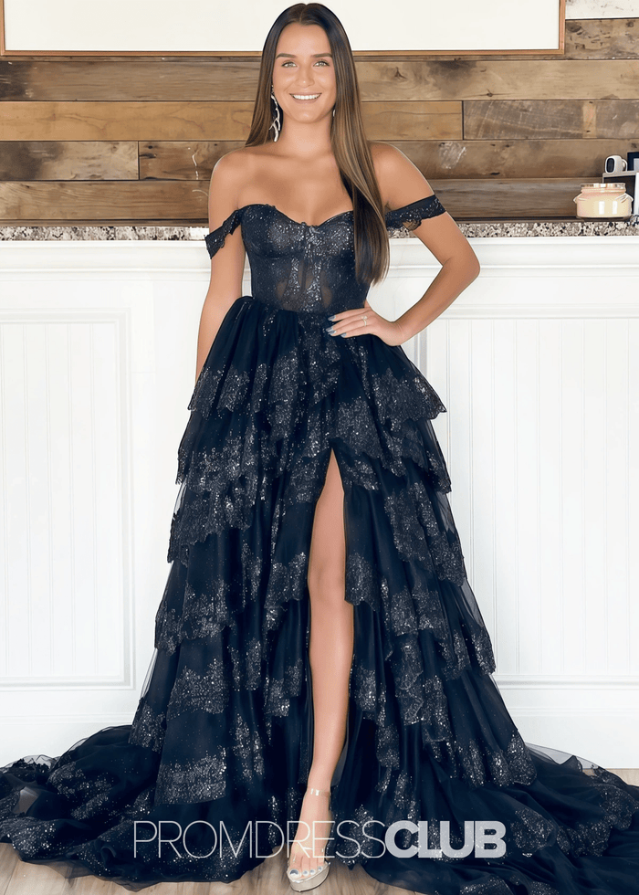 Myra | A Line Lace Appliques Light Pink Sequin Long Prom Dress - Price #price_variant_lowest# - Black - PromDressClub