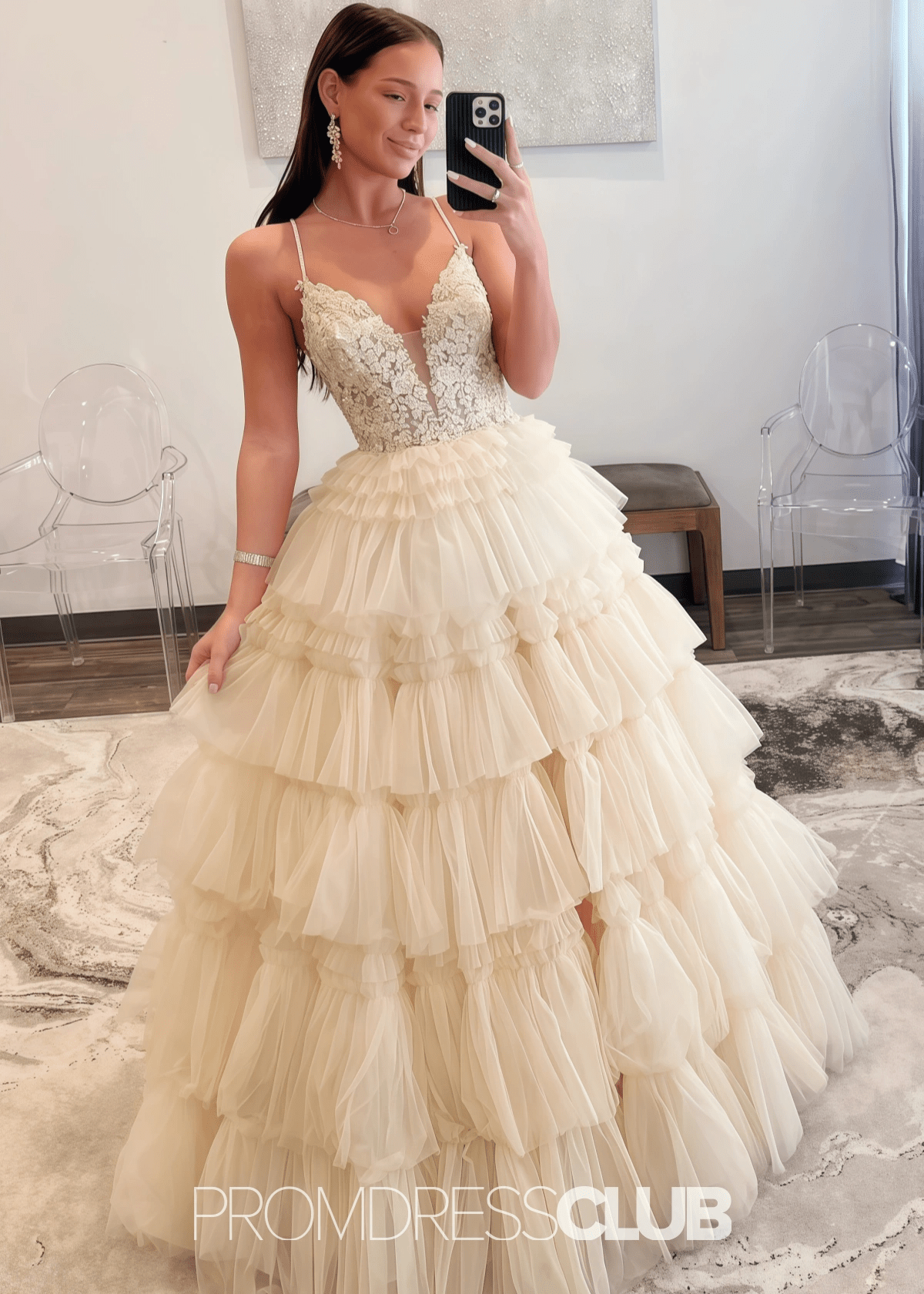 Nancy | A Line Ruffle Tiered Lavender Maxi Prom Dress - Champagne - PROMDRESS Club