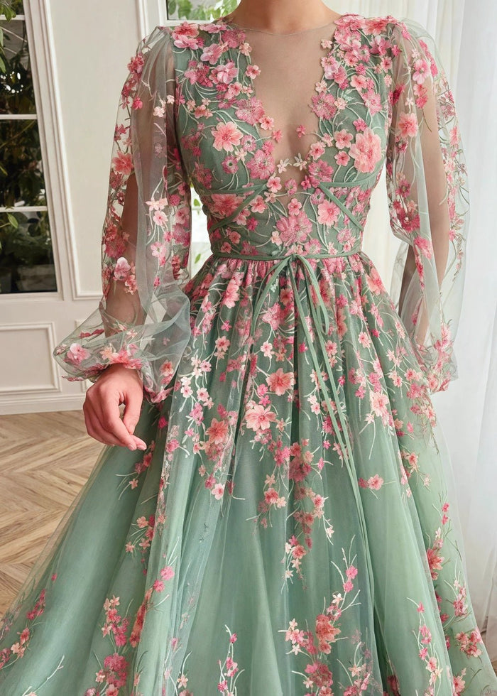Naomi | Stunning Sage Green Long Sleeve Flower Corset Prom Dress - Sage Floral - PromDressClub