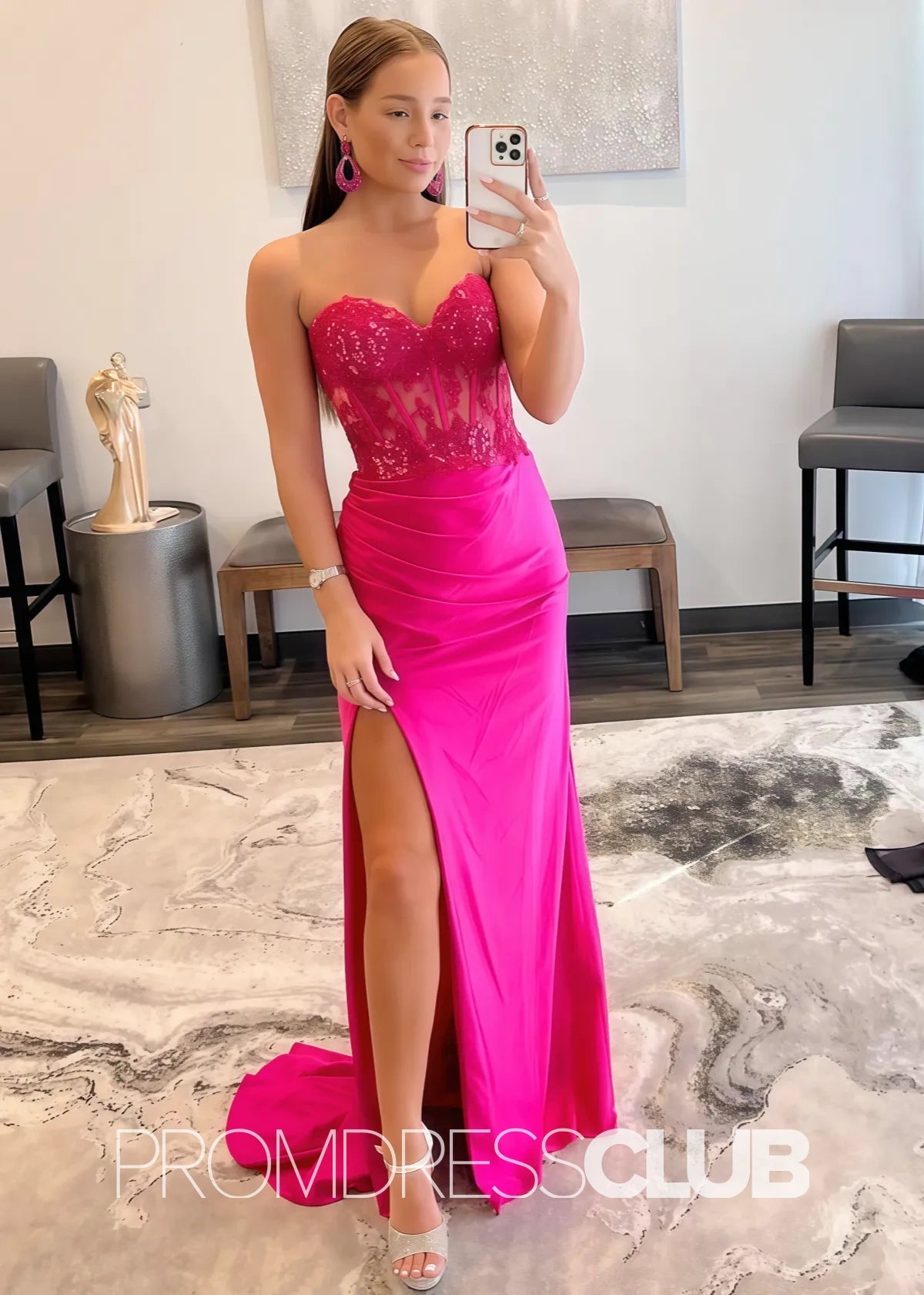 Natalie |Long Fuchsia Prom Dresses Near Me With Mermaid Sweetheart Slit - Fuchsia - US0 - PromDressClub