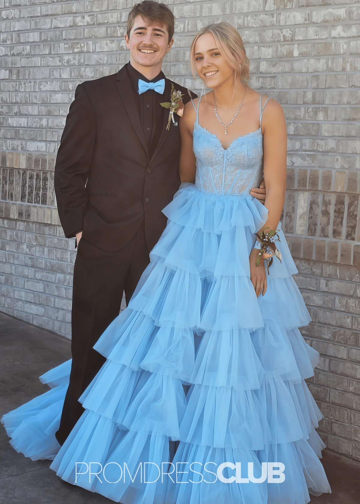 Natividad | A Line Tiered Ruffle Black Long Prom Dress - Light Blue - PROMDRESS Club