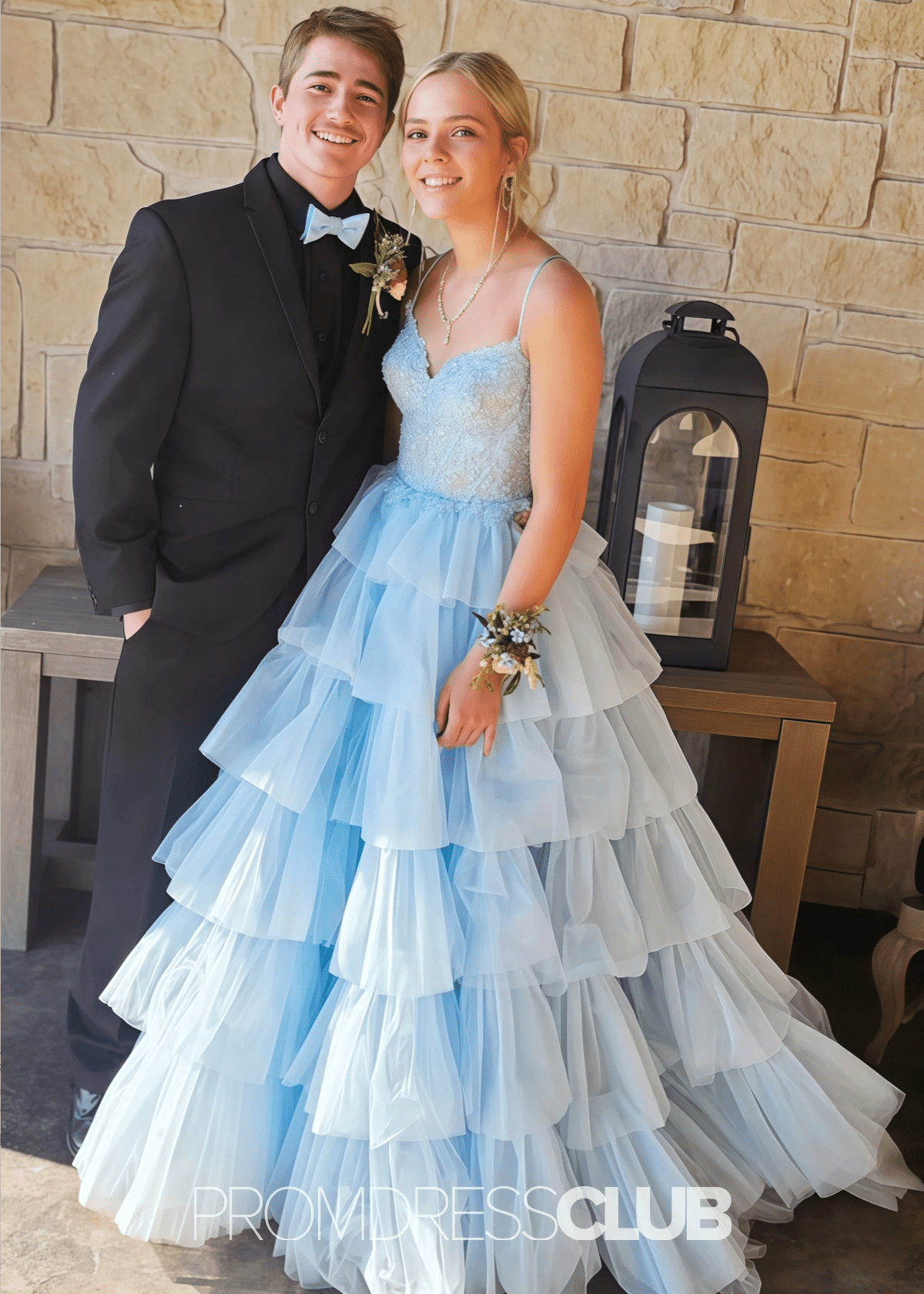 Natividad | A Line Tiered Ruffle Black Long Prom Dress - Light Blue - PROMDRESS Club