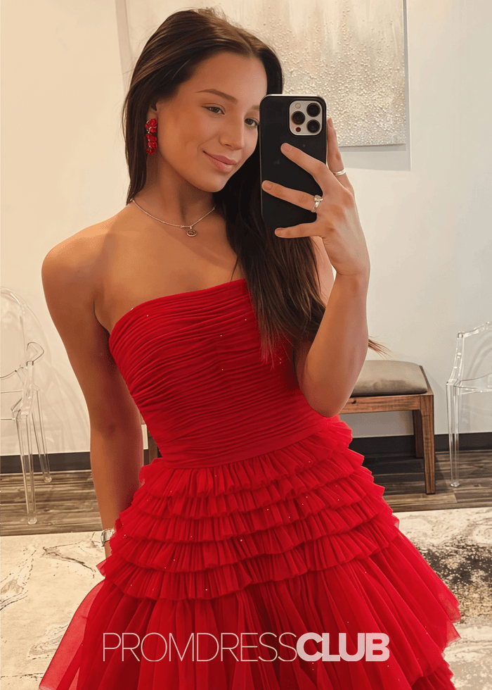 Nelly |A Line Tiered Tulle Champagne Maxi Prom Dress - Price #price_variant_lowest# - Red - PromDressClub
