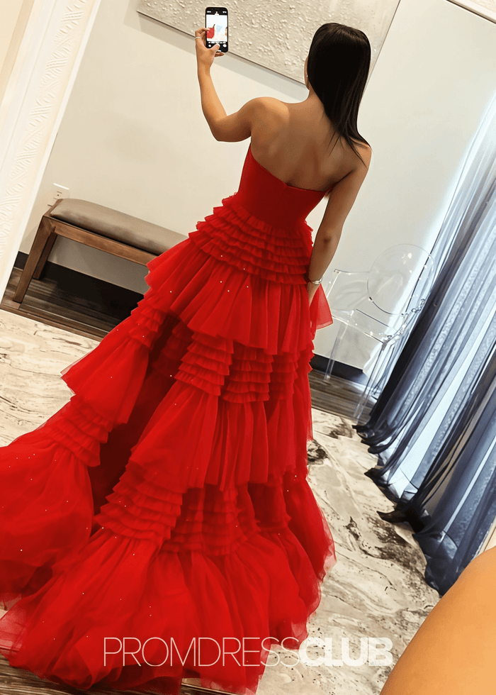 Nelly |A Line Tiered Tulle Champagne Maxi Prom Dress - Price #price_variant_lowest# - Red - PromDressClub