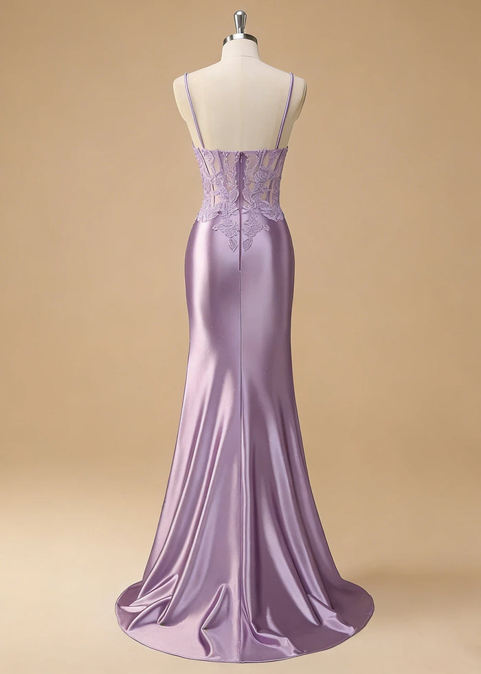 Niamh Beaded Purple Lace Dress Prom | Mermaid Spaghetti Strap V - Neck Pleated Satin Formal Dress with Slit - Lilac - PromDressClub