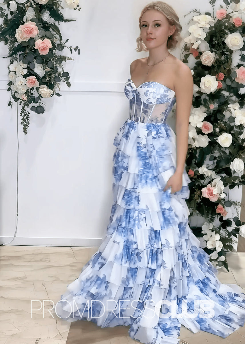 Nicola |Long Light Blue Floral Prom Dresses Near Me With Tulle Tiered A Line Strapless Sweetheart - Blue Floral - PromDressClub