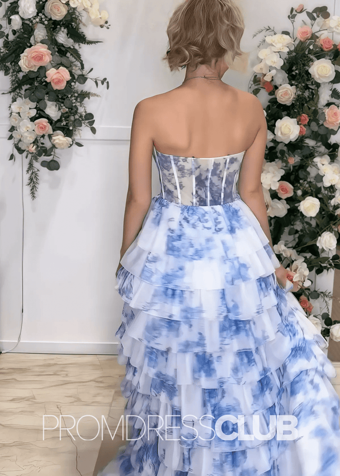 Nicola |Long Light Blue Floral Prom Dresses Near Me With Tulle Tiered A Line Strapless Sweetheart - Price #price_variant_lowest# - Blue Floral - PromDressClub