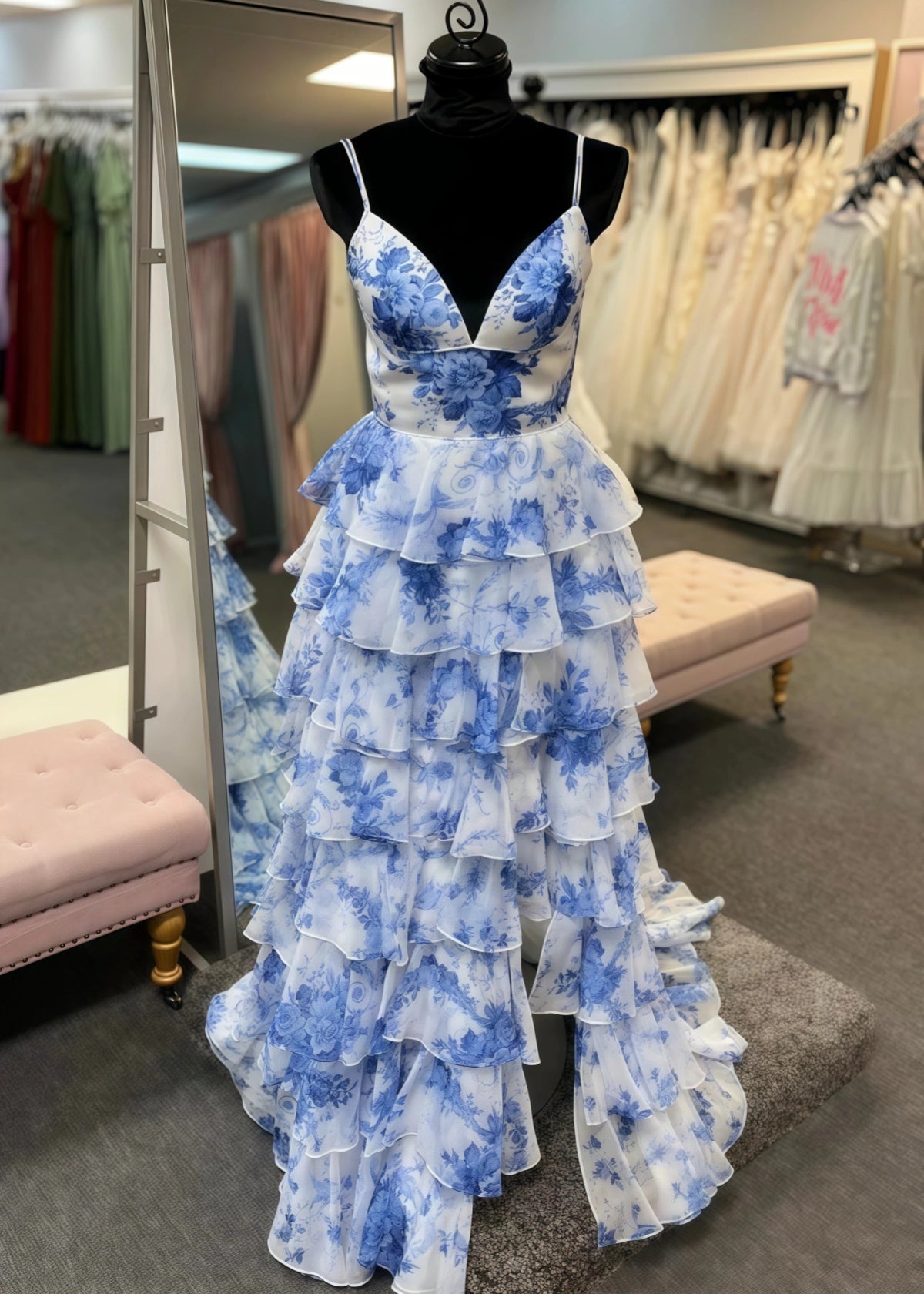 Nicole | A Line Ruffle Tiered Blue White Print Floral Long Prom Dress - Blue Floral - PROMDRESS Club