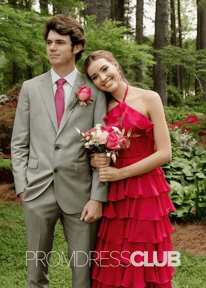Nicole |Long Red Prom Dresses Near Me With Halter Tulle Tiered A Line - Price #price_variant_lowest# - Red - PromDressClub