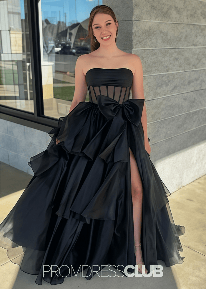 Nina | A - Line Strapless Tiered Tulle Hot Pink Long Prom Dress - Price #price_variant_lowest# - Black - PromDressClub