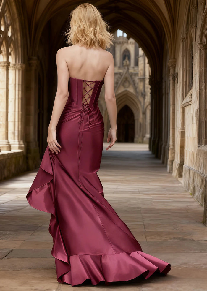 Nora Dark Red Strapless Corset Prom Dress | Mermaid Cowl Neck Floor Length Dress with Ruffled Slits - US0 - PromDressClub