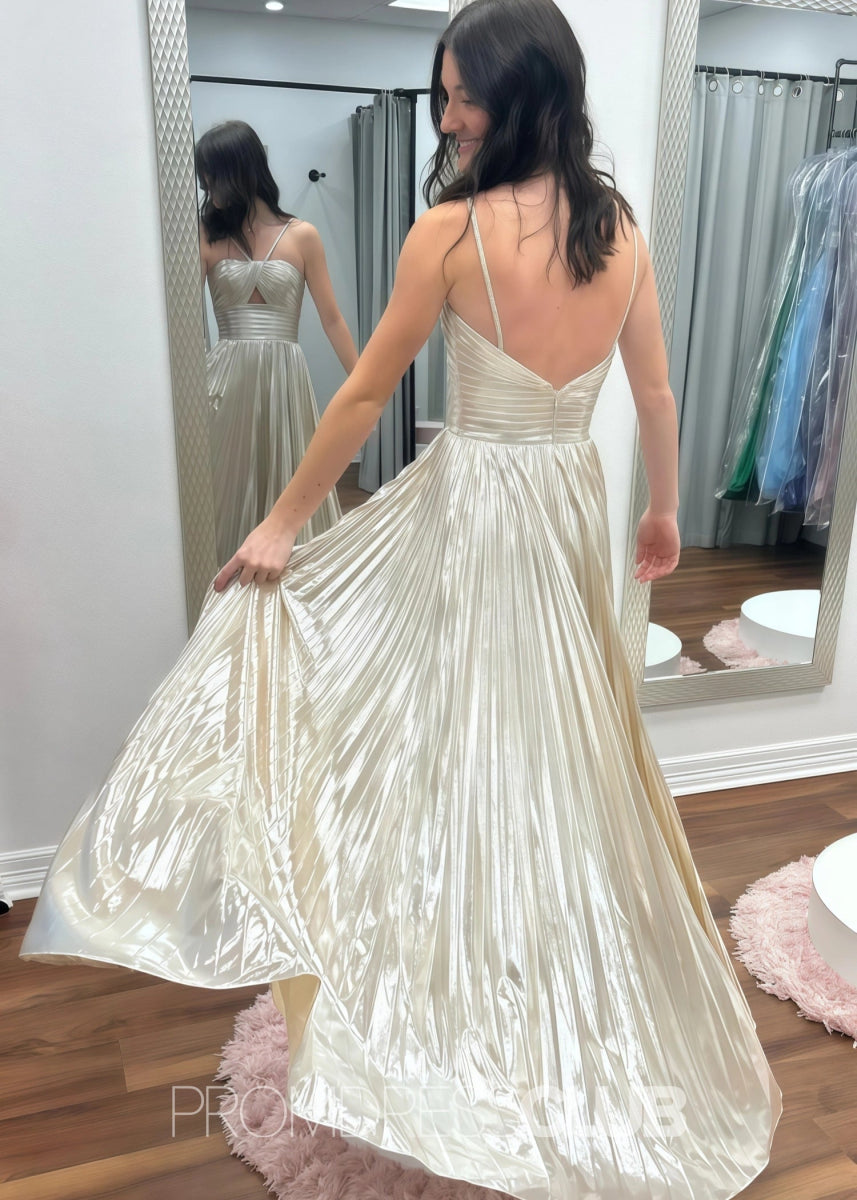Nora |Long Gold Prom Dress Metallic With Spaghetti Strap Slit - Champagne - PromDressClub