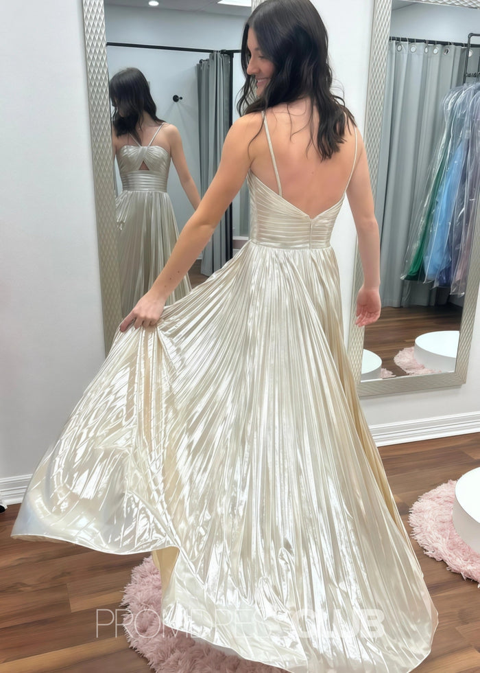 Nora |Long Gold Prom Dress Metallic With Spaghetti Strap Slit - Champagne - PromDressClub