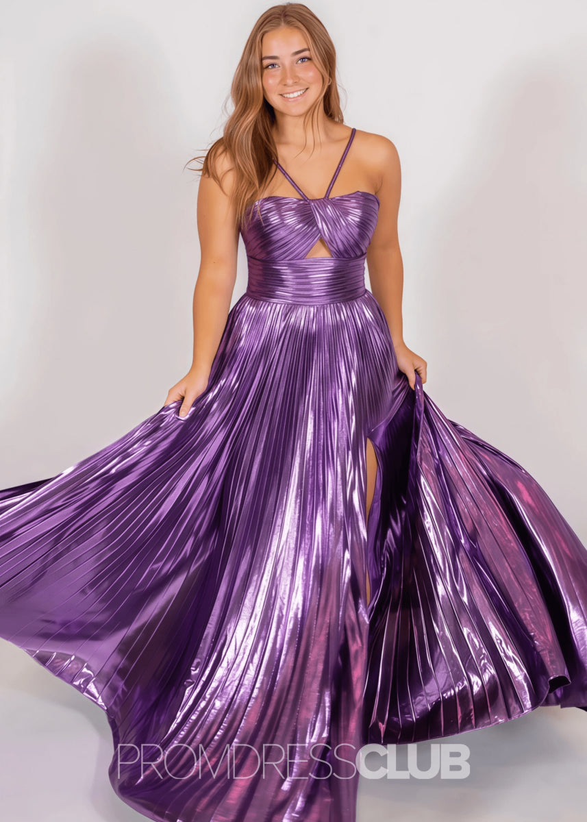 Nora |Long Gold Prom Dress Metallic With Spaghetti Strap Slit - Purple - PromDressClub