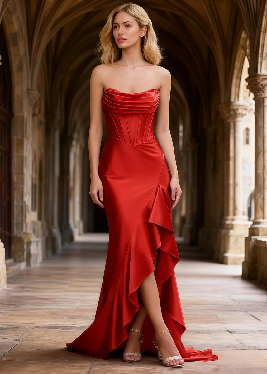 Nora Red Strapless Corset Prom Dress | Mermaid Cowl Neck Floor Length Dress with Ruffled Slits - US0 - PromDressClub