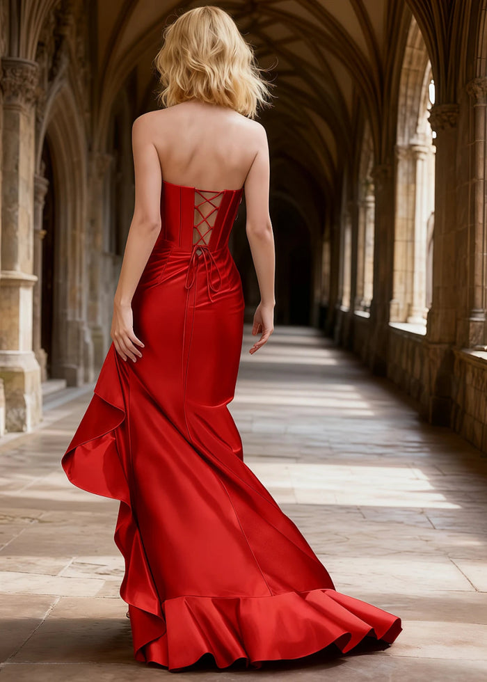 Nora Red Strapless Corset Prom Dress | Mermaid Cowl Neck Floor Length Dress with Ruffled Slits - US0 - PromDressClub