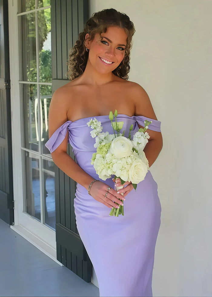 Nora Women's Lilac Off the Shoulder Dress for Prom | Sheath Strapless Satin Floor Length Formal Dress - Lilac - PromDressClub