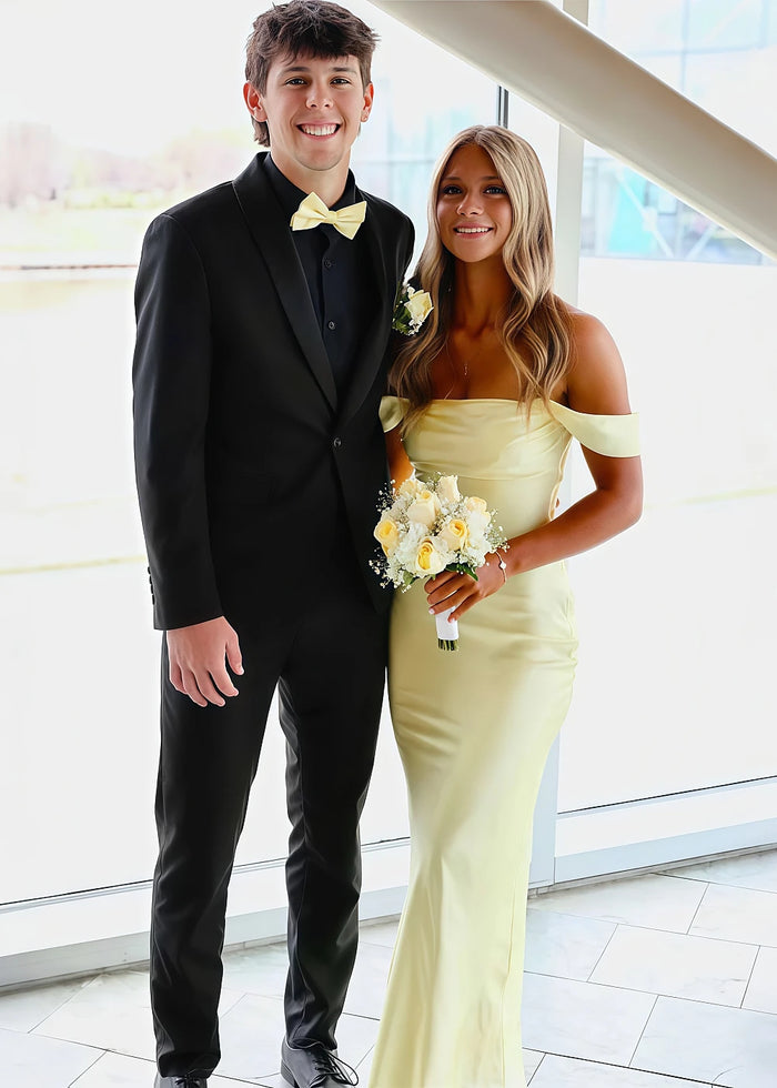 Nora Women's Yellow Off the Shoulder Dress for Prom | Sheath Strapless Satin Floor Length Formal Dress - Yellow - PromDressClub