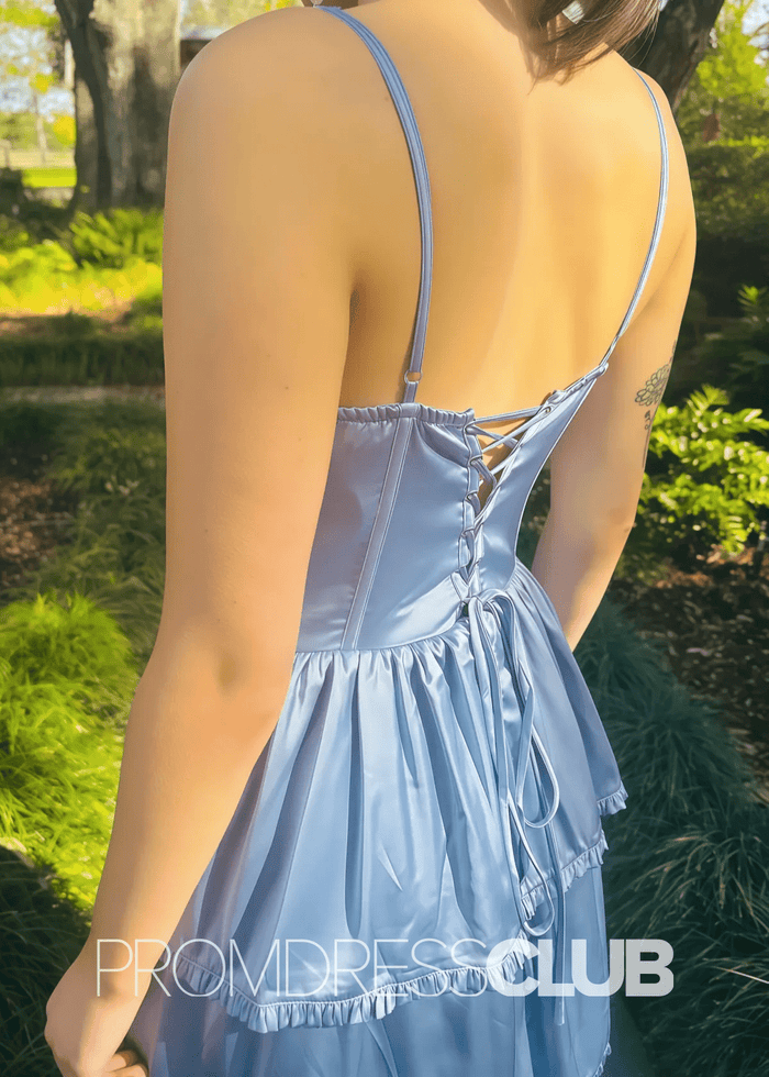 Norma |Blue Prom Dresses Long Shops With A Line Straps V - Neck Tiered Slit - Price #price_variant_lowest# - Light Blue - PromDressClub