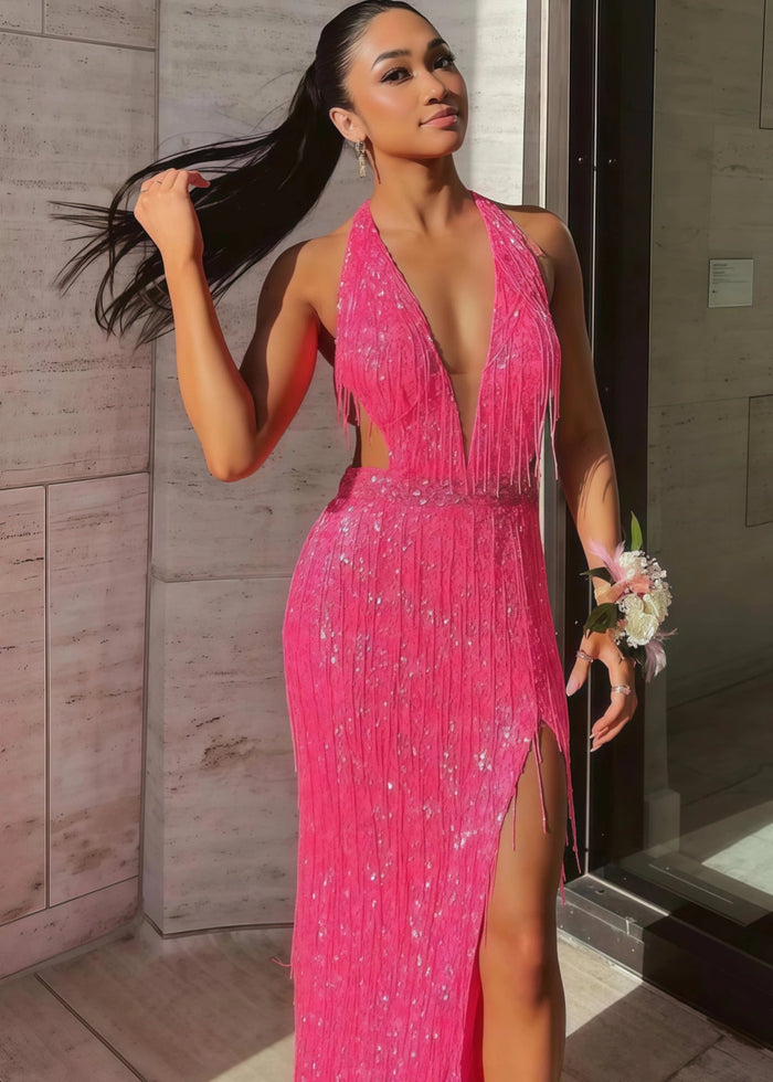 Norma | Mermaid Sequin Fringe Hot Pink Long Cocktail Dress - Price #price_variant_lowest# - Hot Pink - PromDressClub