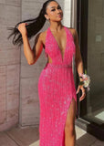 Norma | Mermaid Sequin Fringe Hot Pink Long Cocktail Dress - Hot Pink - PROMDRESS Club