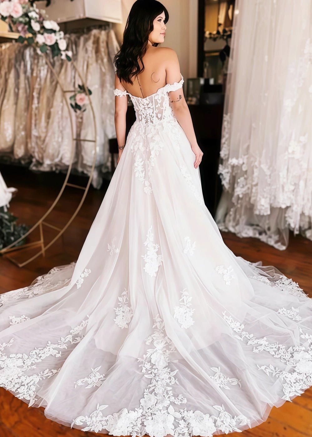 Norma | Off the Shoulder Sweetheart Neck Lace Appliques Wedding Dress with Slit - White - PromDressClub